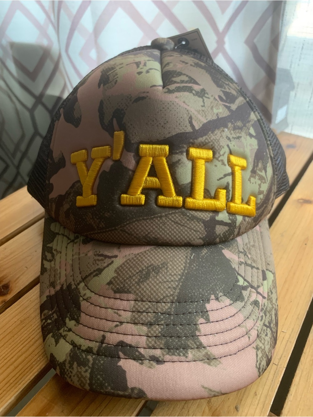 NWT Kacey Lee Y'ALL Camouflage Trucker Hat in Green/Brown with Yellow Embroidery